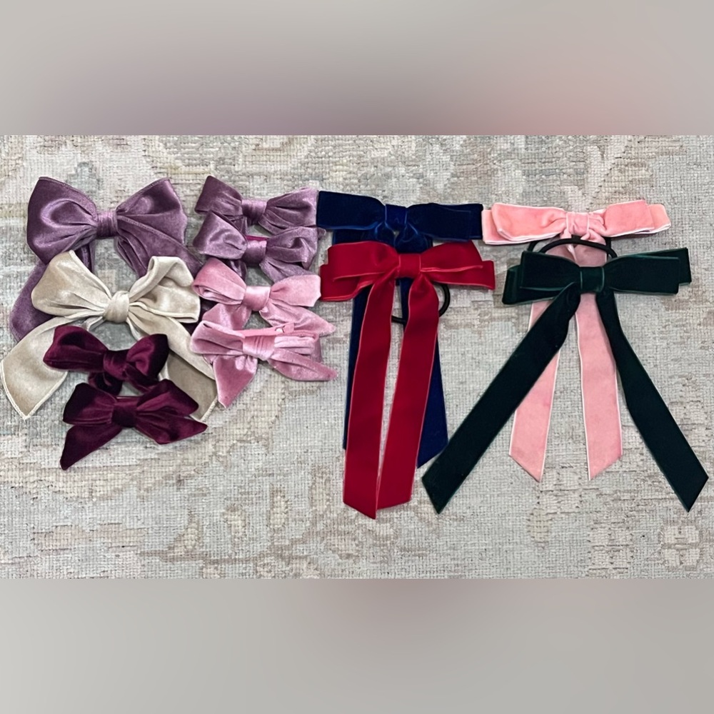 12 pc Velvet Bow Ribbon Hair Clips Set - Multicolor